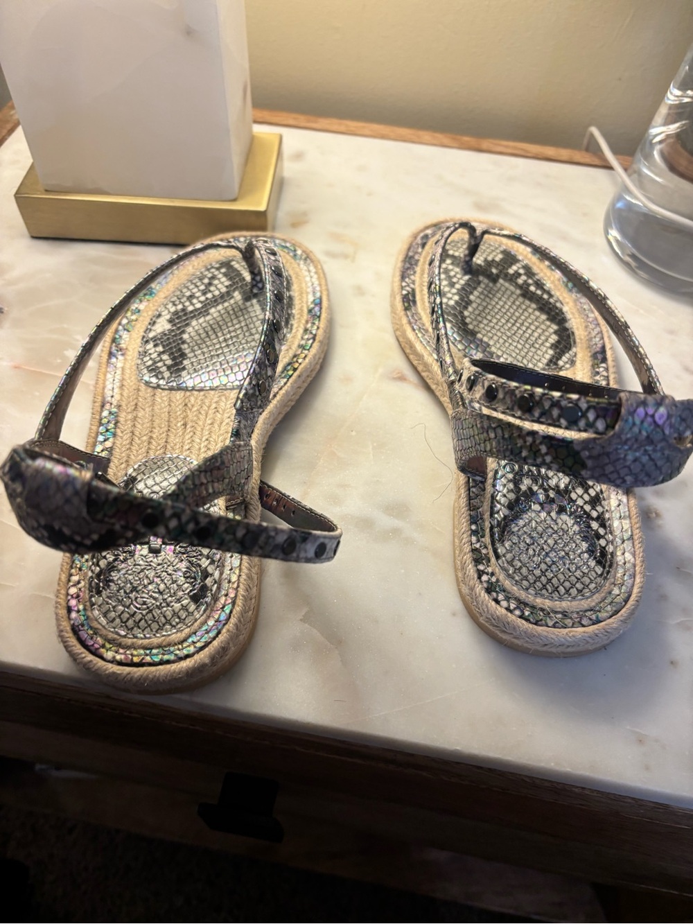 BCBGeneration Iridescent Snake-Print Flat Sandals